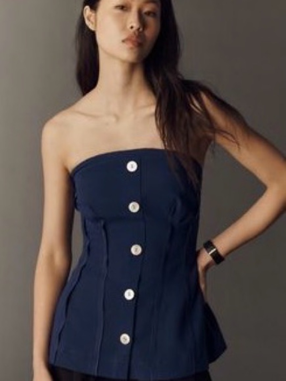 Anthropologie Navy Strapless Button-Front Bustier Top